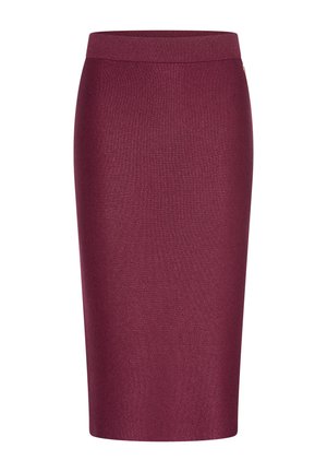 Burgundy pencil skirt with a smooth, textured finish and a ribbed waistband. Features a subtle logo accent on the side.
