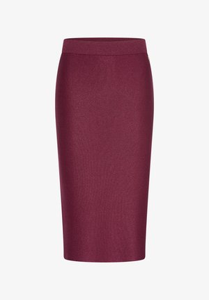 Burgundy pencil skirt with a smooth, textured finish and a ribbed waistband. Features a subtle logo accent on the side.