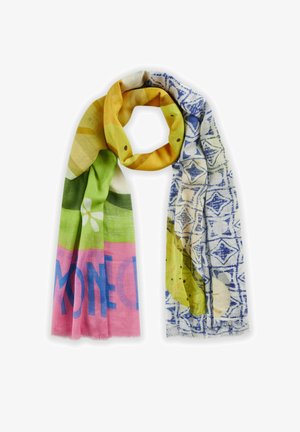 Bunt gefärbter, leichter Schal mit grafischen Mustern in Grün, Gelb, Pink und Blau, weichem Material und fransigen Kanten.
