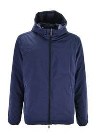 Giacca con cappuccio blu navy, interno trapuntato, chiusura frontale con zip, polsini elasticizzati e due tasche laterali con una consistenza liscia.