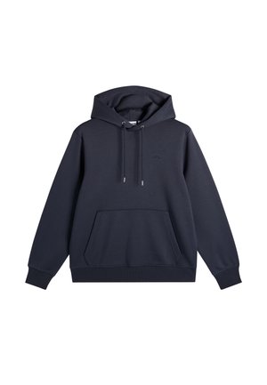 Mørkeblå hættetrøje lavet af blødt stof med lomme foran, snøre i hætten og et lille logo på brystet. Klassisk afslappet design.
