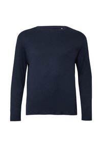 Marineblaues Langarm-T-Shirt aus weicher Baumwolle. Mit rundem Ausschnitt und geradem Schnitt. Ohne Muster oder sichtbare Verzierungen. Minimale Details.