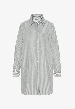 Long-sleeve black and white vertical striped shirt dress with a collar, front buttons, and a chest pocket.