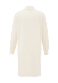 Hellbeige Strickkleid mit geripptem Kragen und langen Ärmeln. Weiche Strick-Textur, knielang und mit lockerer Passform.