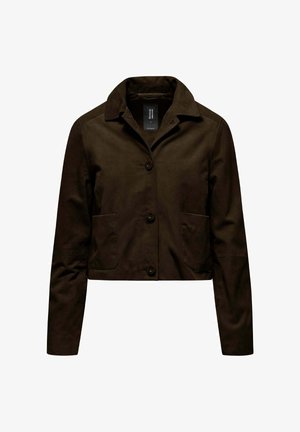 Giacca corta marrone scuro con maniche lunghe, chiusura frontale con bottoni, due tasche applicate frontali e colletto a risvolto.