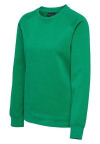 Zielona bluza z okrągłym dekoltem, raglanowymi rękawami, ściągaczami przy rękawach i na dole, wykonana z miękkiego materiału, prezentująca jednolity kolor bez wzorów.