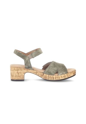 Olive green suede women's sandal with adjustable ankle strap and low cork block heel.