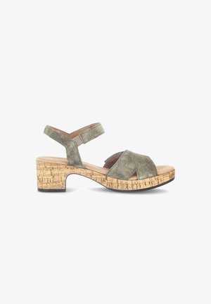 Olive green suede women's sandal with adjustable ankle strap and low cork block heel.