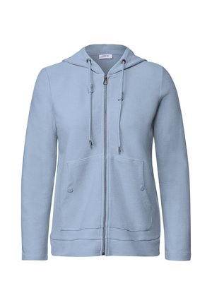 Felpa con zip azzurro chiaro, dotata di cappuccio, due tasche frontali, lacci regolabili e texture a coste.