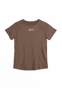 Braunes kurzärmliges Sport-T-Shirt aus weichem Stoff, mit einem runden Halsausschnitt und kontrastierenden Nähten an den Seiten.