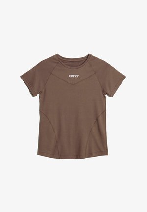 Hnedé športové tričko s krátkym rukávom vyrobené z jemného materiálu, s okrúhlym výstrihom a kontrastným prešívaním na bokoch.