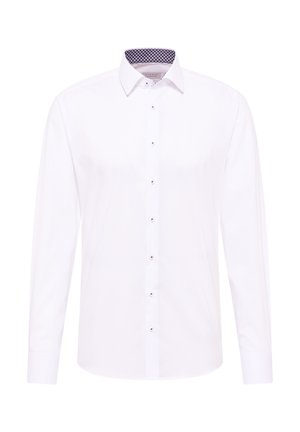 Weißes Langarmhemd, Baumwollstoff, Button-Down-Kragen, kontrastierendes blaues Muster im Innenbereich, sechs Vorderknöpfe, gerader Schnitt.