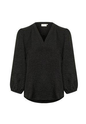 Fekete, V nyakú blúz texturált anyagból, puffos ujjal és ívelt alsó szegéllyel; laza szabású és modern sziluettet biztosít.