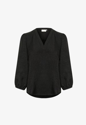 Fekete, V nyakú blúz texturált anyagból, puffos ujjal és ívelt alsó szegéllyel; laza szabású és modern sziluettet biztosít.