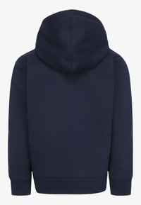 Navy blue hooded sweatshirt with a soft texture, ribbed cuffs, and hem. Features a spacious hood and no visible logos or embellishments.