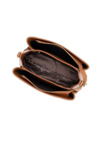 Brązowa skórzana torebka z dwoma przegrodami, złotymi zamkami błyskawicznymi i teksturowaną powierzchnią. Wnętrze wyłożone ciemnym materiałem.