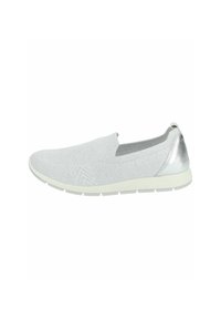 Slip-on shoe in light gray knit material with a textured pattern. Features a metallic silver heel accent and white rubber sole.