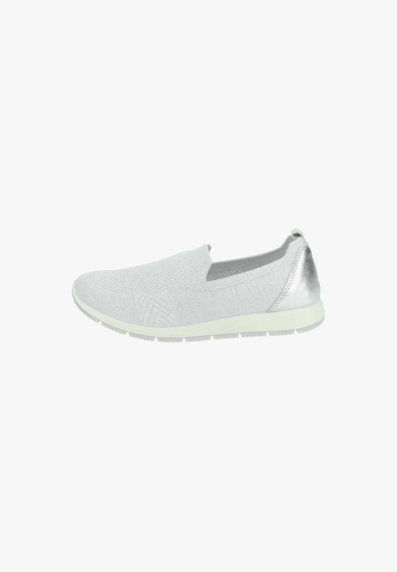 Slip-on shoe in light gray knit material with a textured pattern. Features a metallic silver heel accent and white rubber sole.