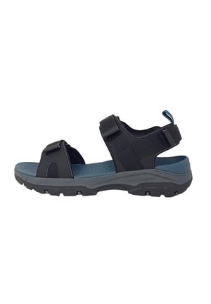 Schwarze Sandalen mit verstellbaren Riemen, strukturierter blauer Innensohle und langlebiger Gummi-Außensohle. Verfügt über ein gepolstertes Fußbett für zusätzlichen Komfort.