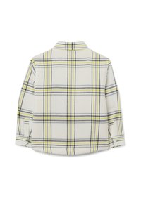 Camisa de manga larga en una tela ligera con un estampado a cuadros en gris, amarillo y blanco. Cuello doblado y mangas abotonadas.