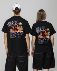 Black T-shirts with colorful graphic prints featuring a fist, stars, and abstract designs. Cotton fabric with a relaxed fit.