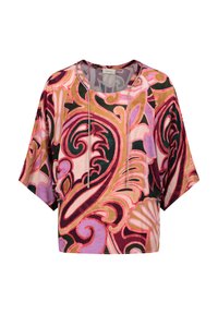 Kortærmet, cropped top i en livlig blomsterprint med pink, lilla, grønne og gyldne nuancer. Har en rund halsudskæring og snoreaccentuer.