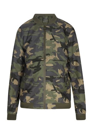 Chaqueta bomber de camuflaje en verde y beige con cierre de cremallera, cuello y puños acanalados. Fabricada con un tejido suave y ligero.
