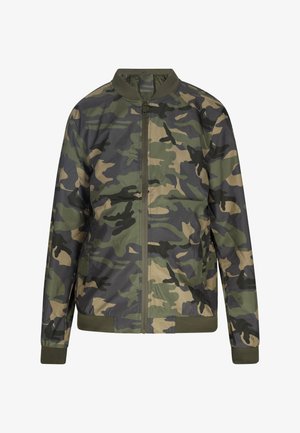 Chaqueta bomber de camuflaje en verde y beige con cierre de cremallera, cuello y puños acanalados. Fabricada con un tejido suave y ligero.