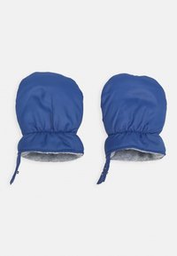 Para małych niebieskich rękawic zimowych z szarym polarem wewnątrz i regulowanymi paskami na nadgarstki, zaprojektowanych do noszenia w zimnych warunkach.