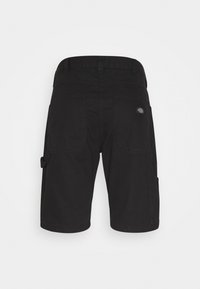 Black cargo shorts with a straight cut, featuring side pockets and a visible logo patch, made from a durable fabric.