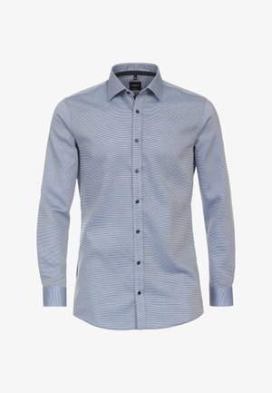 Langärmliges Hemd in Hellblau mit einem strukturierten Muster, Knopfleiste und kontrastierenden Marineknöpfen. Passt zur standardmäßigen Hemd-Silhouette.