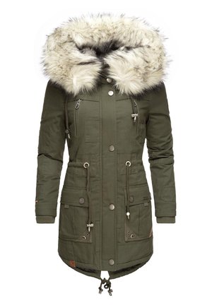 Olive green parka jacket with a removable faux fur collar, multiple front pockets, drawstring waist, and button closure.