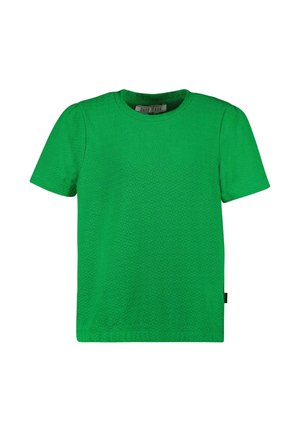 Groen T-shirt met korte mouwen gemaakt van getextureerde stof, met een ronde hals en een klein logo-label aan de zijkant.