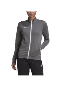 Gray zip-up jacket made of moisture-wicking material, featuring a high collar, long sleeves, and white zipper. Logo on the chest.