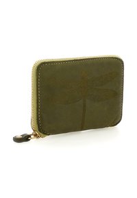 Portafoglio in pelle verde oliva con zip dorata, design di libellula in rilievo centrato sulla parte anteriore e piccola linguetta in pelle.