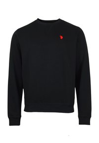 Svart bomullströja med rund hals, långa ärmar och en liten röd broderad logotyp på vänster bröst. Slät textur.