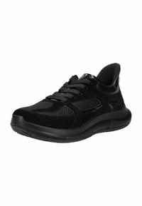 Scarpe sportive nere realizzate con materiali in suede e mesh, con punta arrotondata, suola in gomma spessa e lacci dettagliati per una calzata sicura.