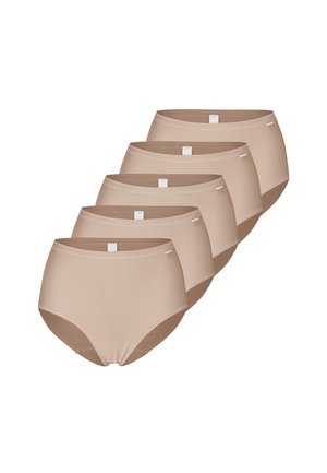 Fünf beige nahtlose Damenunterhosen mit hohem Bund, in versetzter Reihenfolge auf weißem Hintergrund angeordnet.