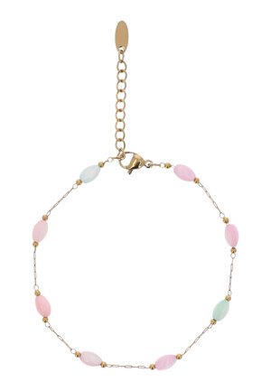 Delikatna złota bransoletka z łańcuszka z małymi owalnymi koralikami w pastelowych odcieniach różu, niebieskiego i zieleni, wyposażona w zapięcie typu lobster i regulowany przedłużacz łańcuszka.