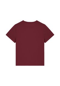 T-shirt bordeaux à manches courtes avec un col rond. Fabriqué en mélange de coton doux, il présente des lignes épurées et une texture lisse. Pas de motifs visibles.