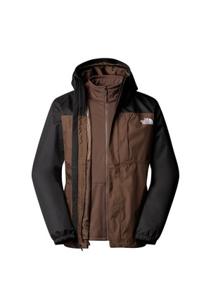 Braune und schwarze Outdoor-Jacke mit Reißverschlussfront, Kapuze und elastischen Bündchen. Verfügt über eine strukturierte Oberfläche und ein kleines Logo auf der Brust.