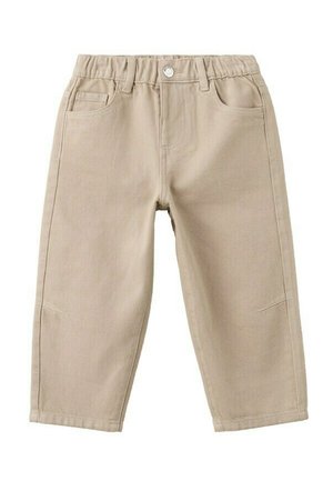 Pantaloni bej pentru copii cu talie elastică, șlițuri pentru curea, nasture frontal și buzunare, confecționați dintr-un material rezistent.