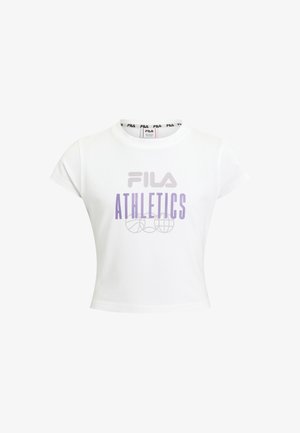 T-shirt bianco in cotone a maniche corte, con una grafica viola "ATHLETICS" e il logo Fila sul davanti. Collo rotondo.