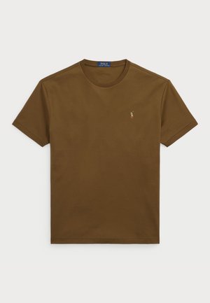 Brązowa koszulka Polo Ralph Lauren z krótkim rękawem, okrągłym dekoltem i małym haftowanym logo na lewej piersi.