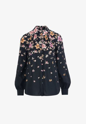 Schwarze Langarmbluse mit pinkem, orangefarbenem und cremefarbenem Blumenmuster, hohem Kragen, Knopfleiste vorne und gerafften Passe-Details.