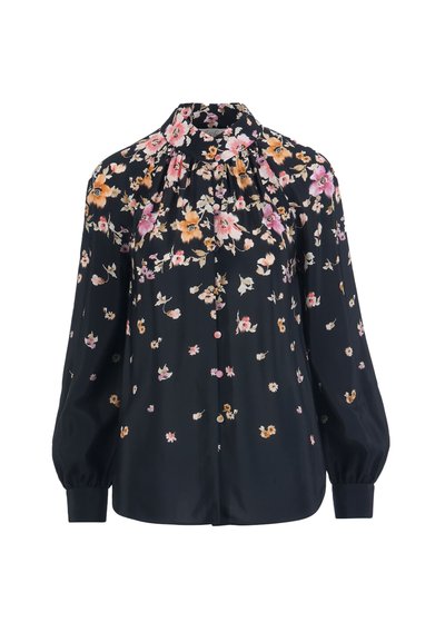 Blouse noire à manches longues avec imprimé floral rose, orange et crème, col montant, boutonnage sur le devant et détails à godets froncés.