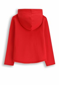 Czerwona bawełniana bluza z kapturem, z kieszenią kangurką, regulowanym ściągaczem w kapturze, długimi rękawami i prostym dołem. Gładka tekstura, casualowy design.