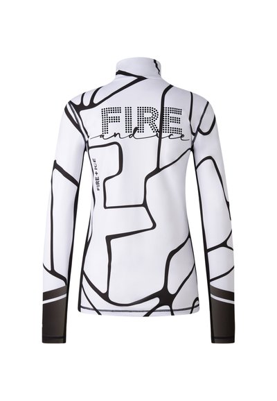 Haut de sport à manches longues en blanc avec des lignes abstraites noires. Comprend le texte bien visible "FIRE and ICE", un col haut et des poignets noirs contrastants.
