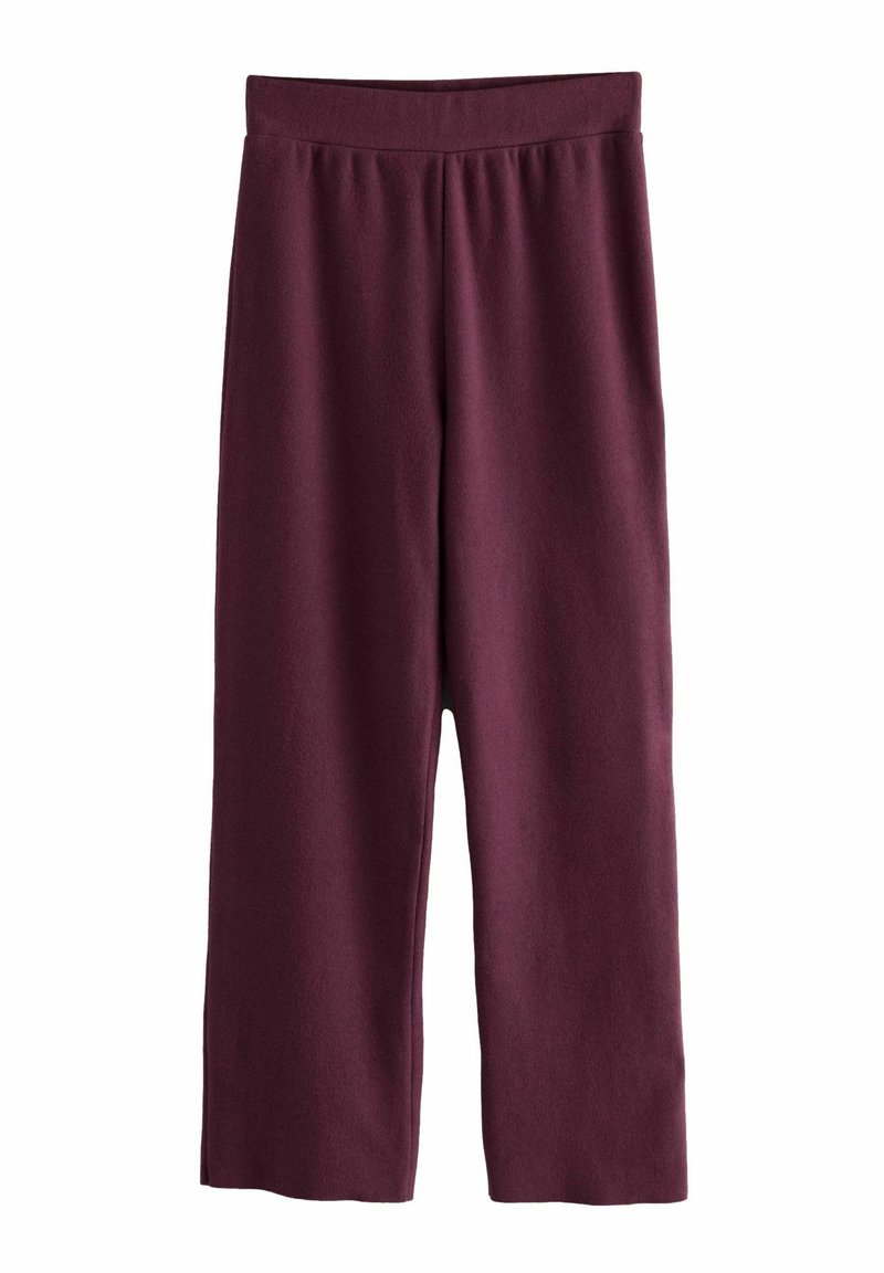 Burgundi, platūs kelnės, pagamintos iš minkštos, tekstūruotos medžiagos, su elastingu juosmeniu ir jokiais matomais užsegimais. Kasdienis, laisvas siluetas.