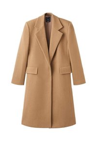 Cappotto di lana color sabbia con colletto a punte, maniche lunghe e due tasche frontali. Tessuto liscio, lunghezza fino a metà coscia, design strutturato.